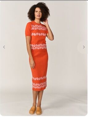 Orange Knit Midi Skirt with Floral Hem Detail
